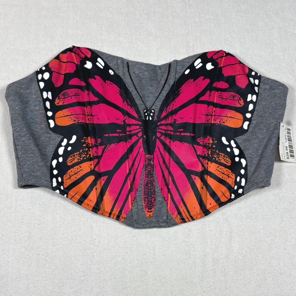 Rehab Lab Heather Grey Butterfly Print Corset Top Strapless Bustier Sz Large